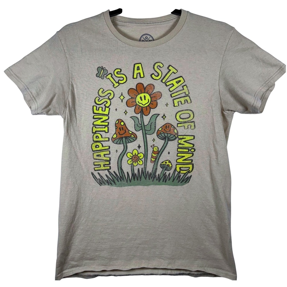 DOM Graphic Tee Women Small Tan Happiness Is A State Of Mind Mushroom Retro